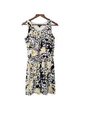 Nina Leonard Floral Print Dress Womens Size S Black/Yellow/White Sleeveless